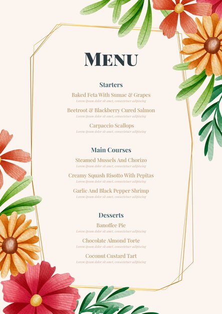 Watercolor floral menu template