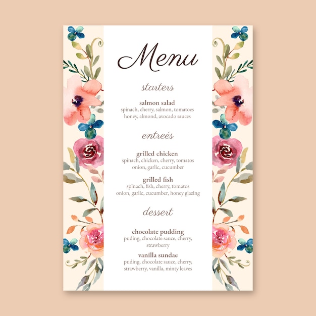 Watercolor floral menu template