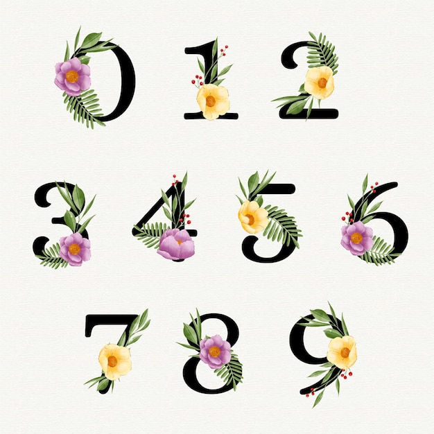 Free vector watercolor floral numbers collection