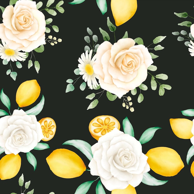 Watercolor floral pattern with lemons