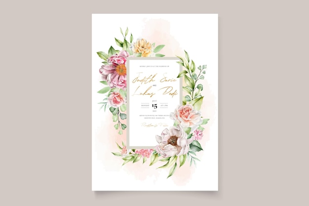 수채화 꽃 모란과 장미 결혼식 초대 카드