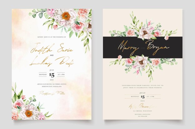 水彩花牡丹とバラの結婚式の招待カードセット