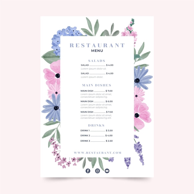 Free vector watercolor floral restaurant menu template