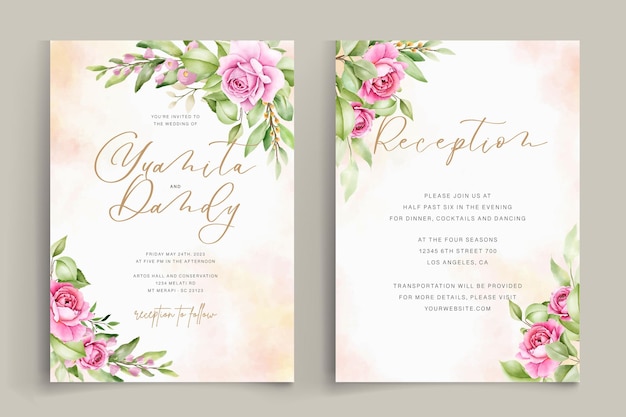 Free vector watercolor floral roses card with pink and green color set