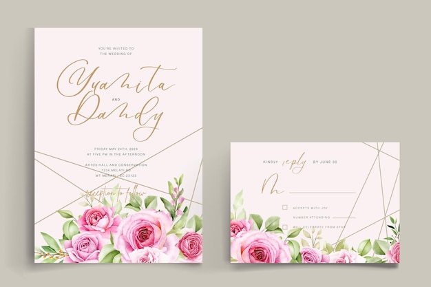 Free vector watercolor floral roses card with pink and green color set