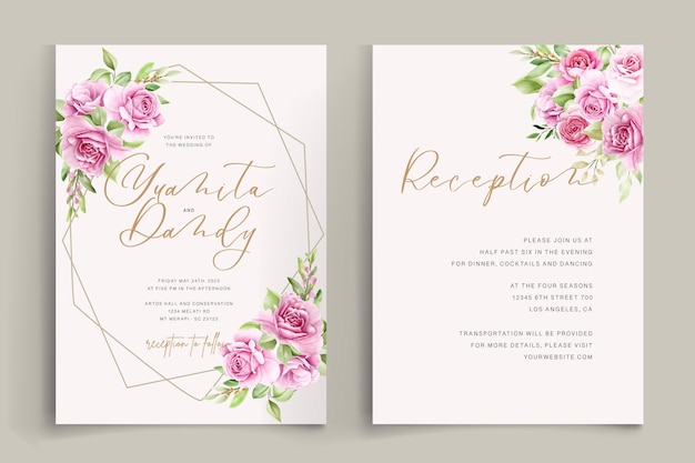 watercolor floral roses card with pink and green color set