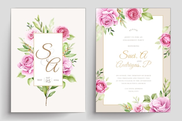 Free vector watercolor floral roses card with pink and green color set