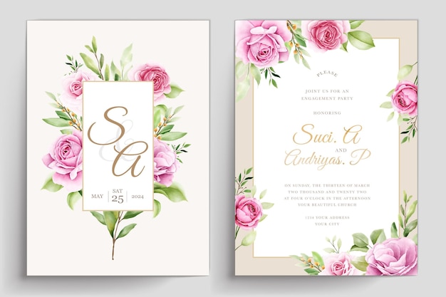 Watercolor floral roses card with pink and green color set