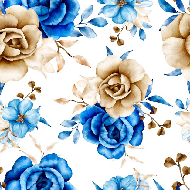 Акварель цветочный бесшовный узор с синим и коричневым цветком и листьями