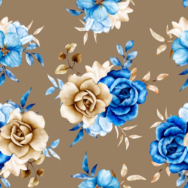 Watercolor floral seamless pattern with blue and brown flower and leaves