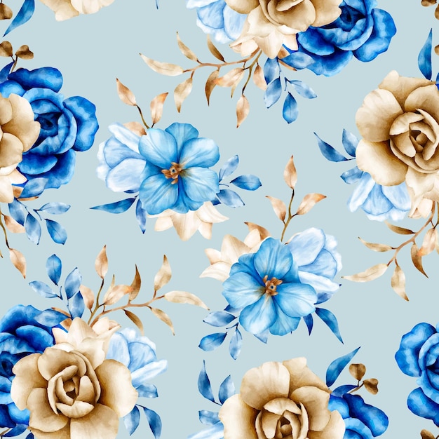 Watercolor floral seamless pattern with blue and brown flower and leaves