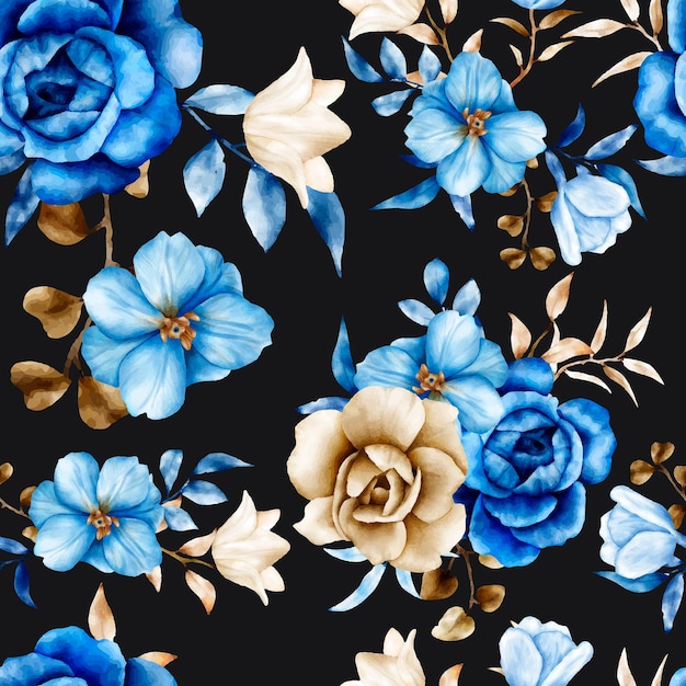 Watercolor floral seamless pattern with blue and brown flower and leaves