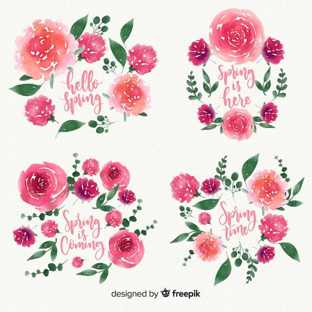 Watercolor floral spring badge collection