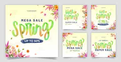 Free vector watercolor floral spring instagram posts collection
