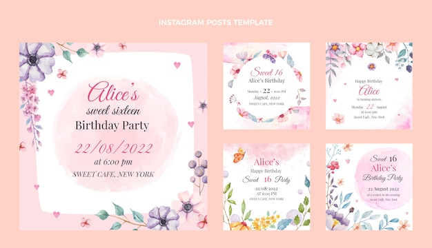 Free vector watercolor floral sweet 16 instagram posts