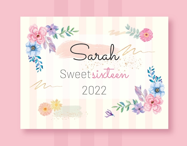 Free vector watercolor floral sweet 16 photocall template