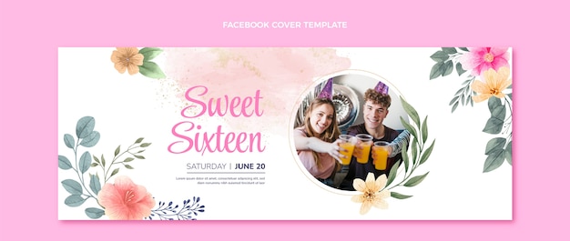 Watercolor floral sweet 16 social media cover template