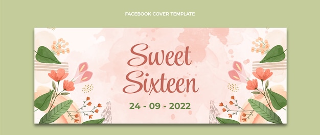 Free vector watercolor floral sweet 16 social media cover template