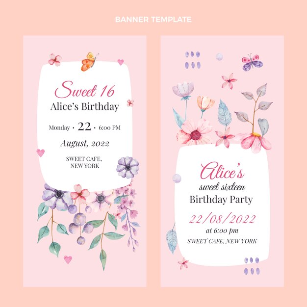 watercolor floral sweet 16 vertical banners
