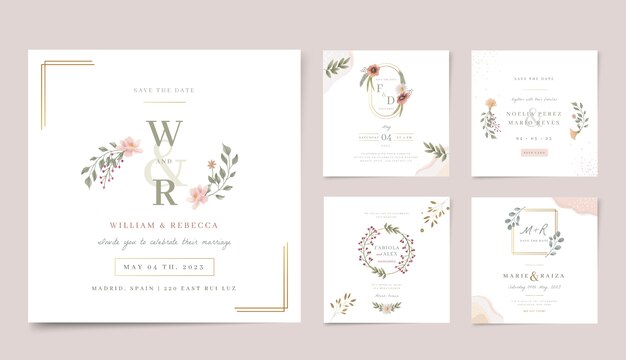 Watercolor floral wedding instagram posts design