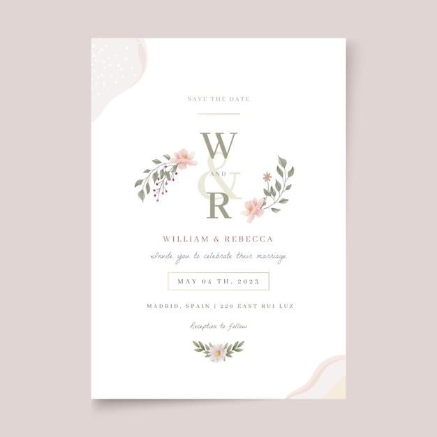 水彩花柄の結婚式の招待状のデザイン