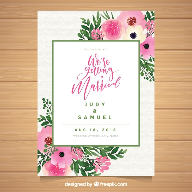 Free vector watercolor floral wedding invitation tamplate