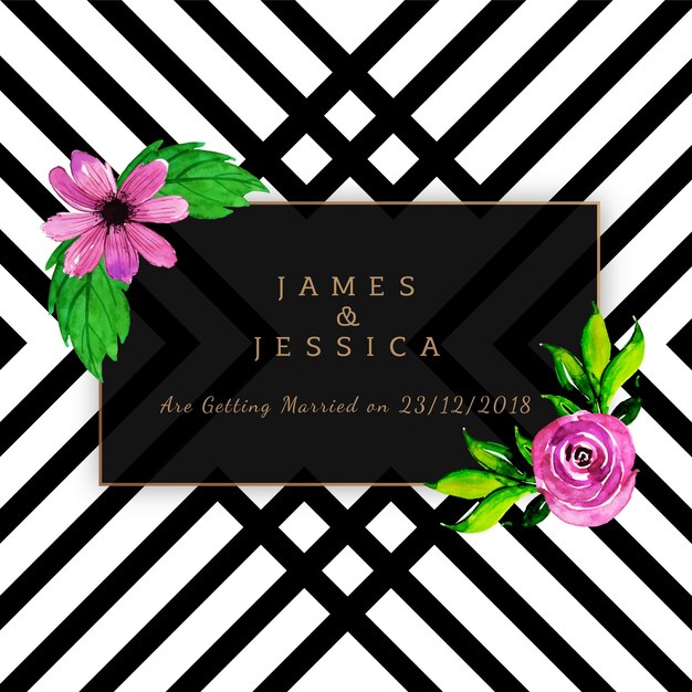 Watercolor Floral Wedding Invitation With Stripes Pattern