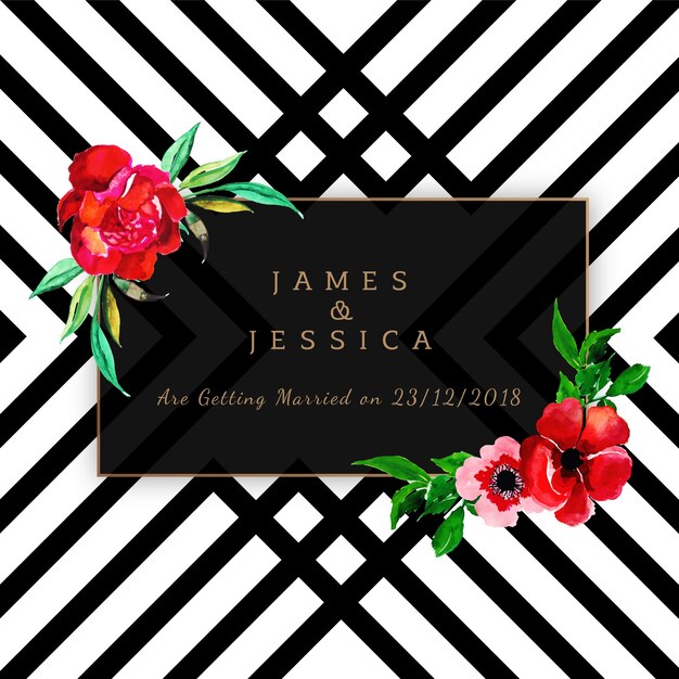 Watercolor Floral Wedding Invitation With Stripes Pattern