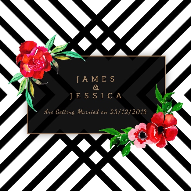Watercolor Floral Wedding Invitation With Stripes Pattern