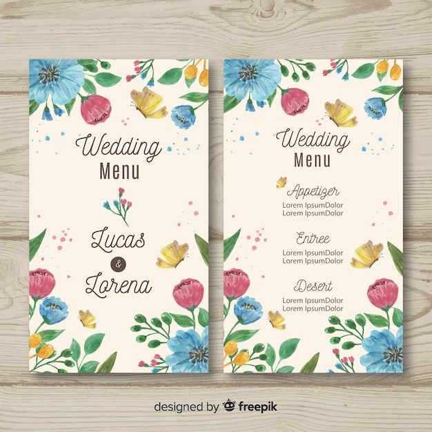 Watercolor floral wedding menu template