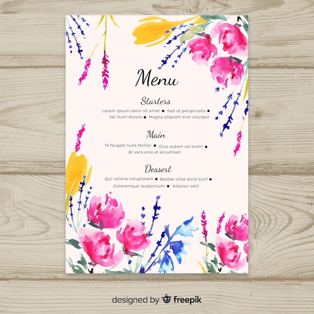 Modello di menu di matrimonio floreale dell'acquerello