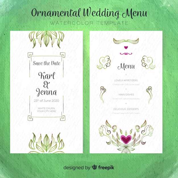 Modello di menu di matrimonio floreale dell'acquerello