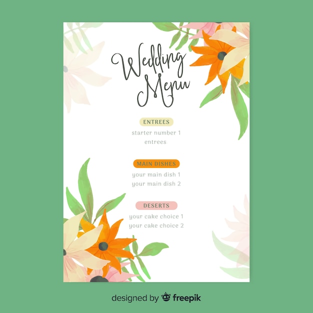 Free vector watercolor floral wedding menu template