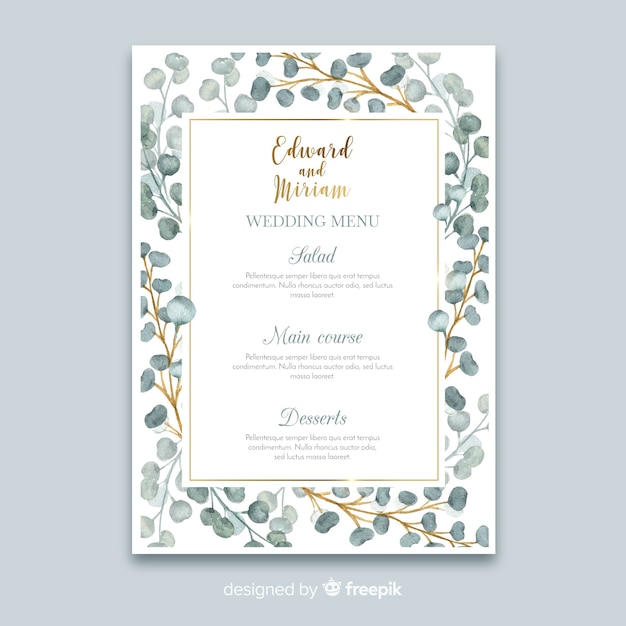 Шаблон меню акварель цветочные свадьбы