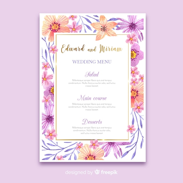 Watercolor floral wedding menu template