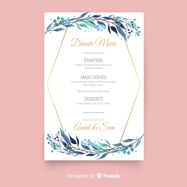 Шаблон меню акварель цветочные свадьбы