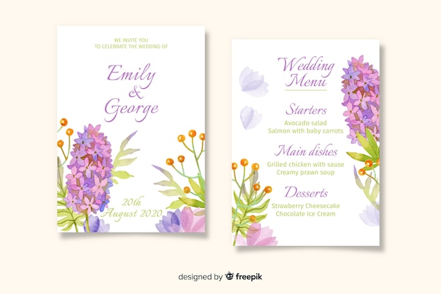 Watercolor floral wedding menu template