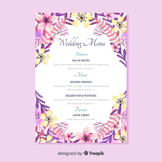 Vettore gratuito modello di menu di matrimonio floreale dell'acquerello