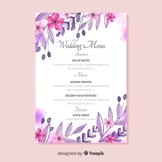 Free vector watercolor floral wedding menu template