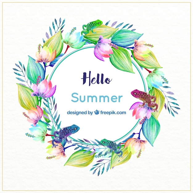 Watercolor floral wreath with frogs in tropical style