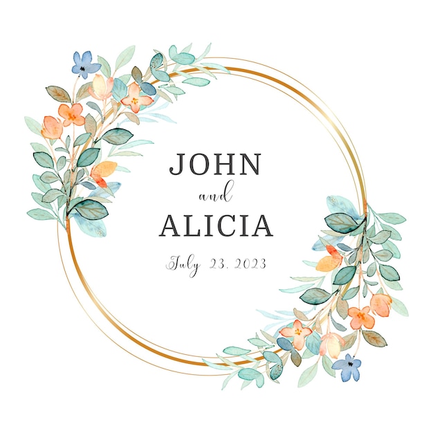 Watercolor floral wreath with golden circle