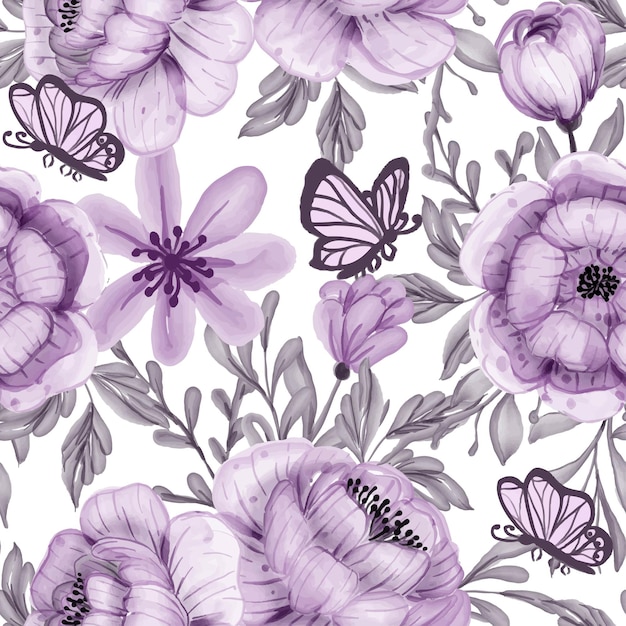 Акварель цветок и бабочка фиолетовый фон