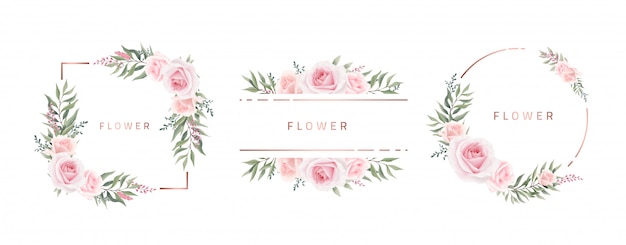 Watercolor flower frame rose eucalyptus. template wedding invitation card. rose metallic frame.