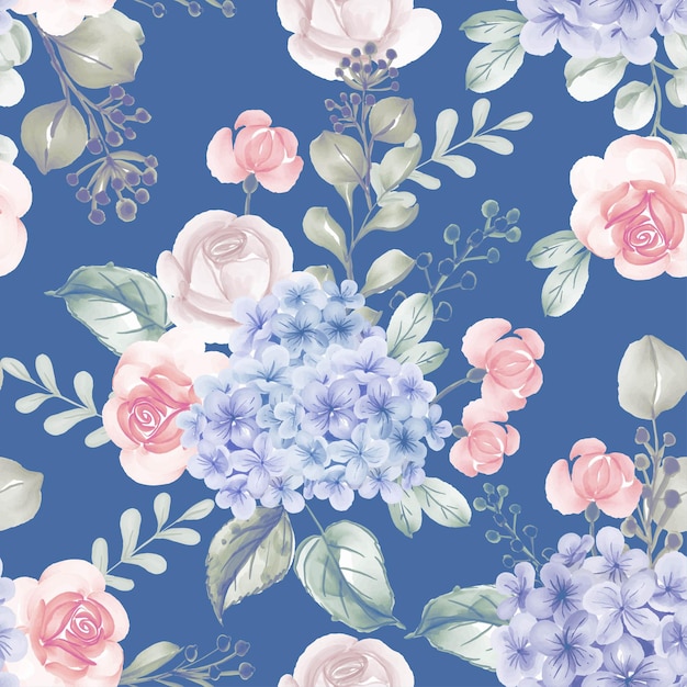 Watercolor flower hydrangea and leaves blue seamless pattern