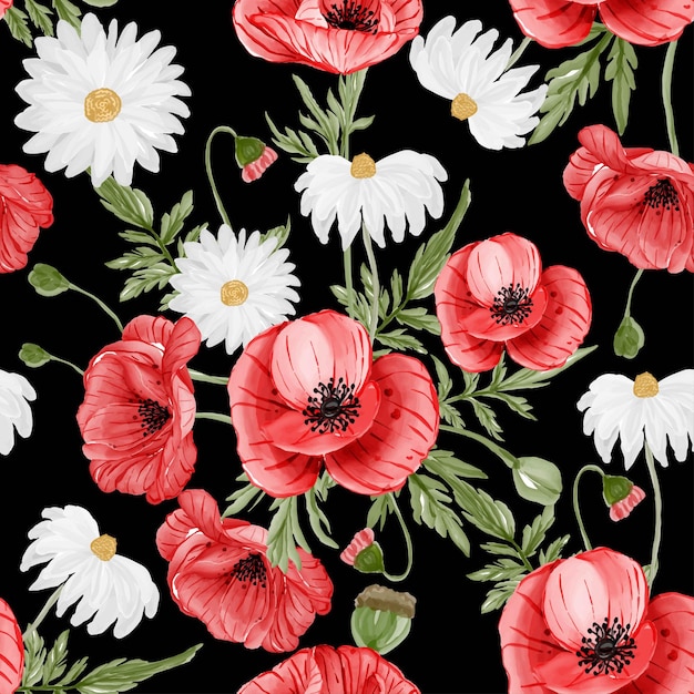 Watercolor flower red poppy flower and leaves seamless pattern