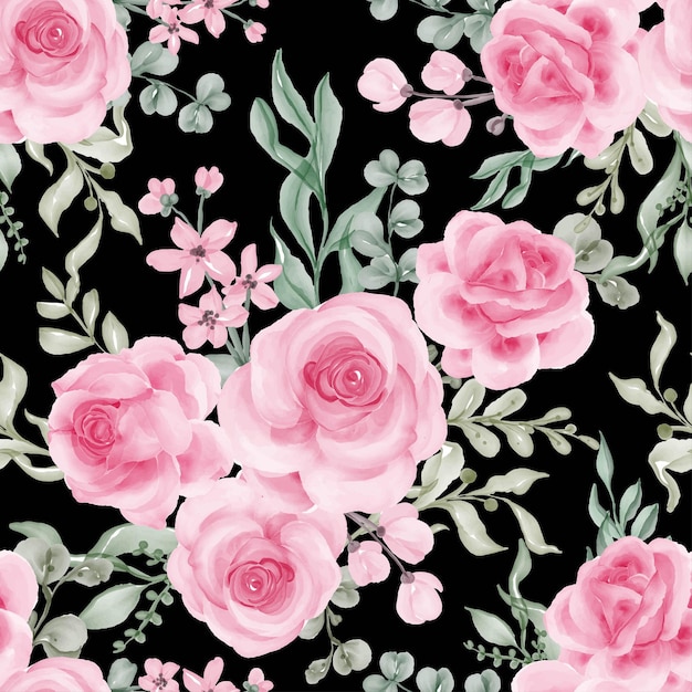 Watercolor flower rose pink and leaves seamless pattern