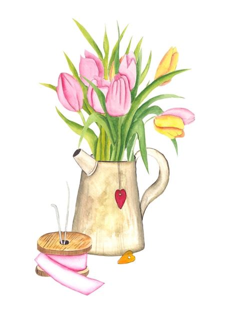 Vettore gratuito vaso di fiori ad acquerello con bel fiore