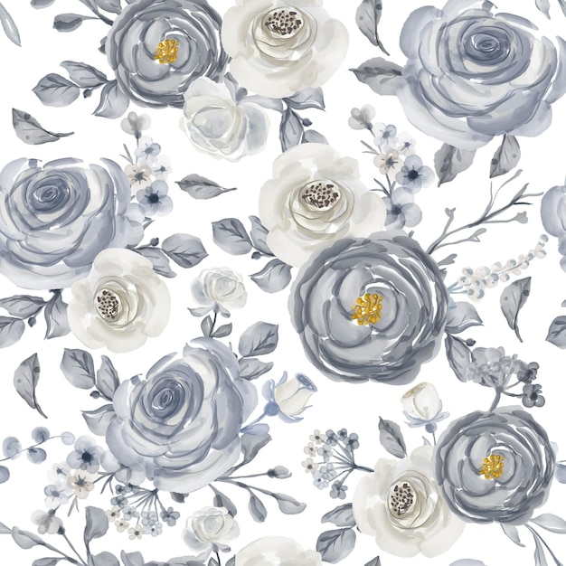 Watercolor flower white and navy seamless pattern