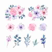 Free vector watercolor flowers and leaves element set