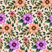 Free vector watercolor flowers and leaves pattern